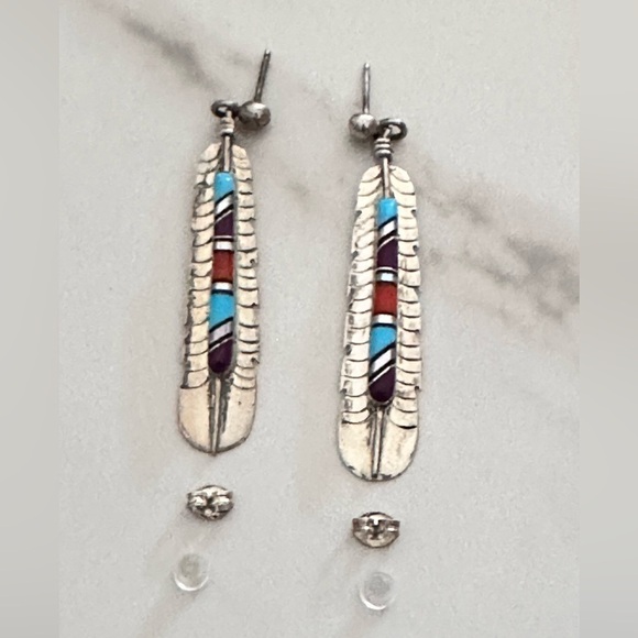 Navajo Turquoise Earrings Stone Inlay By FY FRANK YAZZIE Signed Sterling 925 - Picture 1 of 12